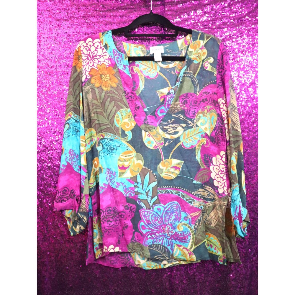 Tropical Silk Tunic Top Size S/4/0 Chico's Women Floral Sheer V-Neck Blouse